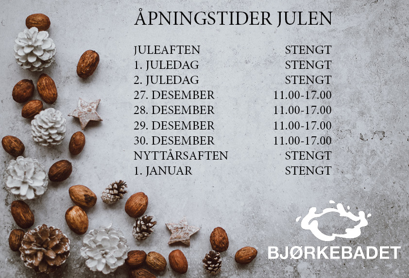 Juleaften og 1. juledag stengt. 27. - 30. desember åpent 11.00 - 17.00. Nyttårsaften og 1. januar stengt