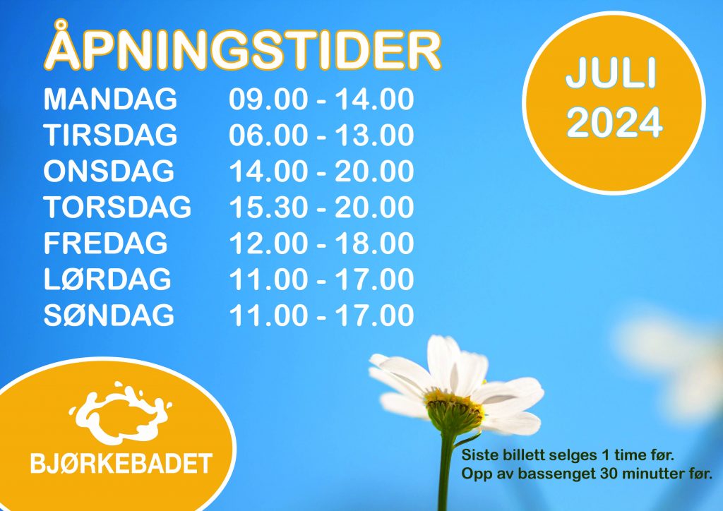 Juliåpent: mandag 9-14, tirsdag 6-13, onsdag14-20, torsdag 15:30-20, fredag 12-18, lørdag og søndag 11-17