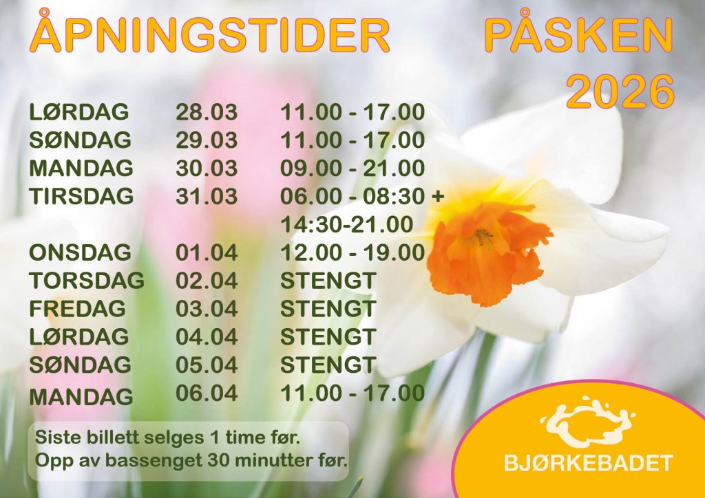 Bilde av påskelilje. Åpningstider påske2026. Ordinære tider i hele mars. Onsdag 1.april klokken 12-19. 2.-5.april er det stengt. Mandag 6.april åpent 11-17. Siste billett selges 1 time før. Opp av basseng 30 minutter før