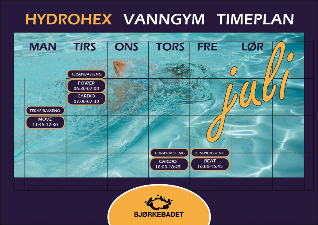 Timeplan for skjermbasert vanngym for juli. bakgrunn vann med fot som stikker opp av vannet. Selve timeplanen er beskrevet i teksten før bildet
