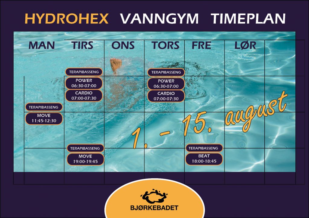 Timeplan for skjermbasert vanngym for 1. - 15. august 2026. bakgrunn vann med fot som stikker opp av vannet. Selve timeplanen er beskrevet i teksten før bildet